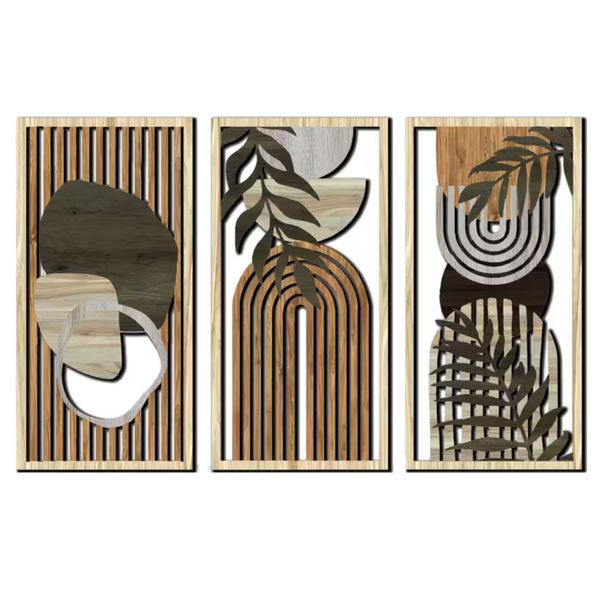 Decor 2D Flat Sage Green Natural Wood Geometric Wall Art 3pcs - 40cm