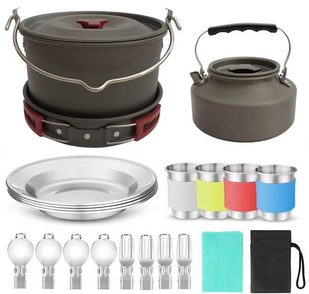 A 4-person camping cookware set, Perfect for outdoor cooking and picnics.
