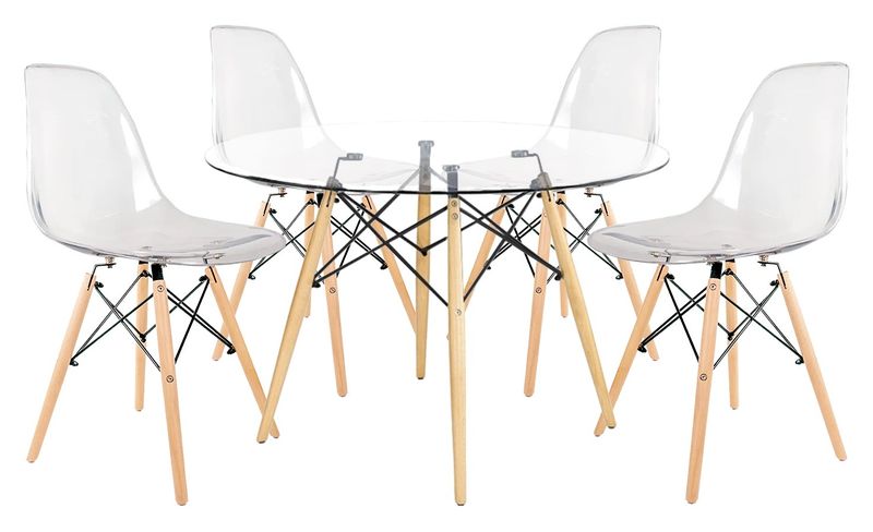 Dining Suites / Sets - Round Glass Dining Table with Four Clear Chairs