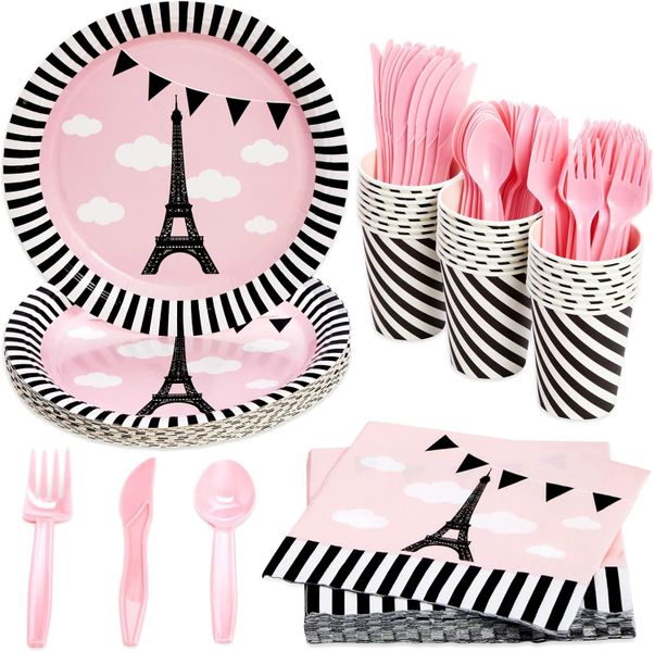 Topika - 144-Piece Paris Theme Party Plates and Cutlery Set for 24 Guests