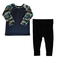 Fold Over Cuff Green Camo Pajama Set - Black Two Tone