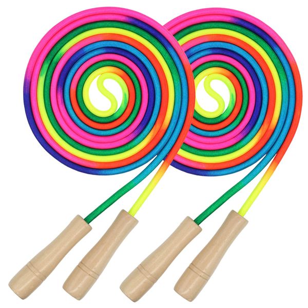 Double Dutch Jump Rope 2 Pack, 16ft Adjustable Rainbow with Wooden Handle