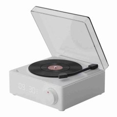 Rotating Vinyl Disc Alarm Clock Speaker Retro Clock Bluetooth Speaker White