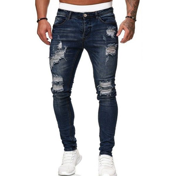 Mens Casual Jeans Pants Trendy Ripped Denim Pencil Pants Destroyed Jeans