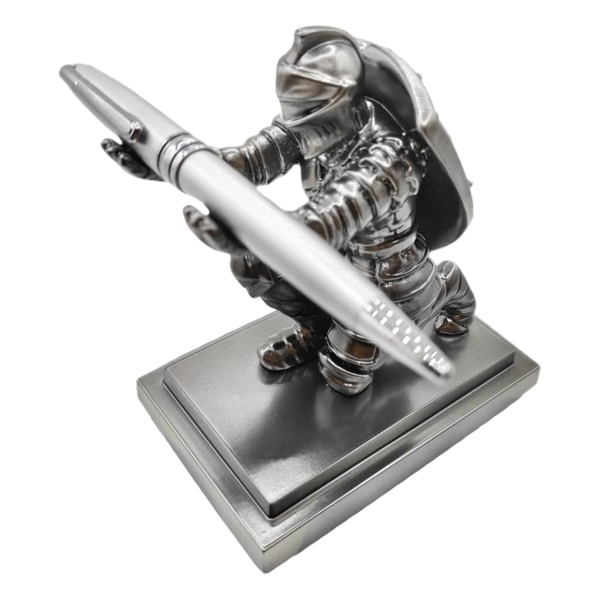 Shield Knight Pen Holder With Metal Pen Desktop Sculpture and Ornaments