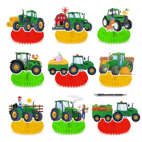 Farm Tractor Party Table Decorations with Added Pen - 9 Piece