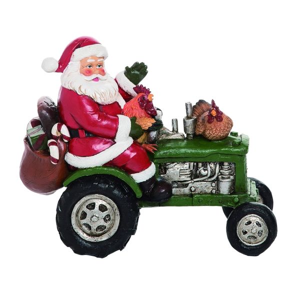 Toy Christmas Santa Claus Driving Tractor Tabletop Resin Figurine - 23cm