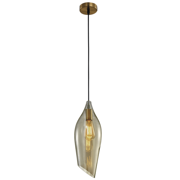 Satin Brass Pendant with Cognac Colour Glass