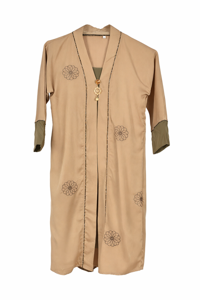 Brown Little Girls Floral Embroidered Abaya Set with Inner Attached Dress