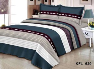 Bedspread Set Queen 5 Piece Microfiber Blue &amp; Grey Line
