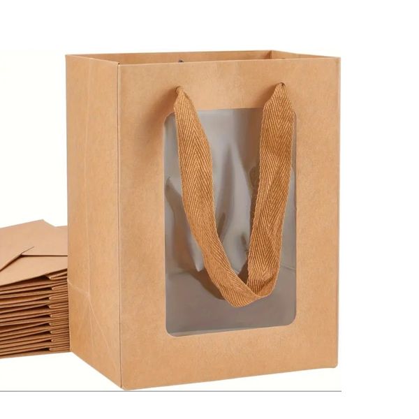 12 Set Brown Kraft Paper Tote Bag with Handle and Window