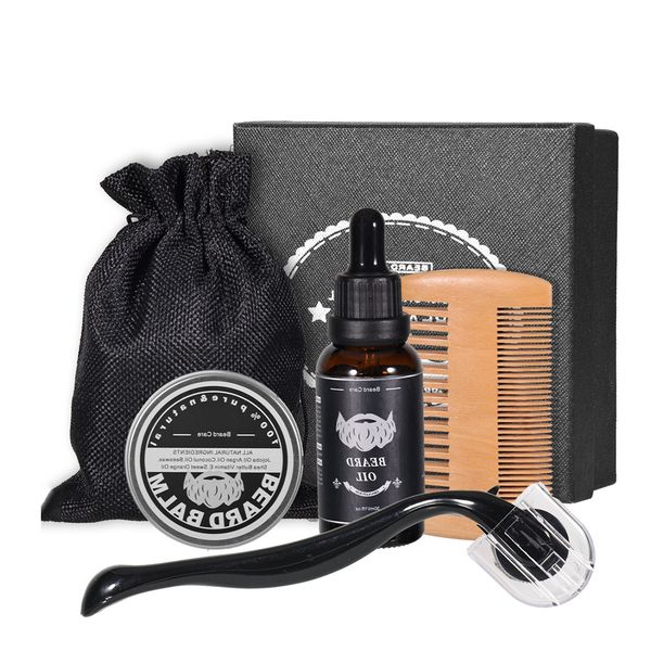 5 Piece Beard Care Kit for Men Grooming Gift with Shampoo Balm Oil Massager