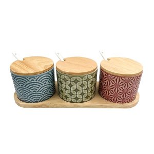 Blue Angel Ceramic Seasoning Bamboo Tray Spices Seasoning Jars Set