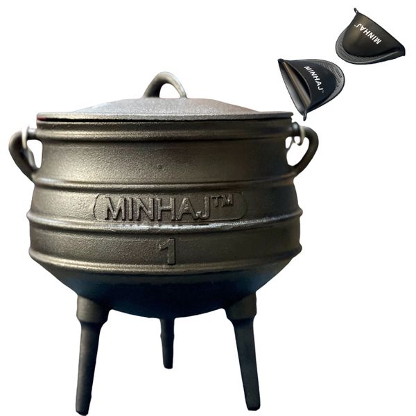 Minhaj Cast Iron Potjie Pot Size 1 with 2 Siicone Gloves