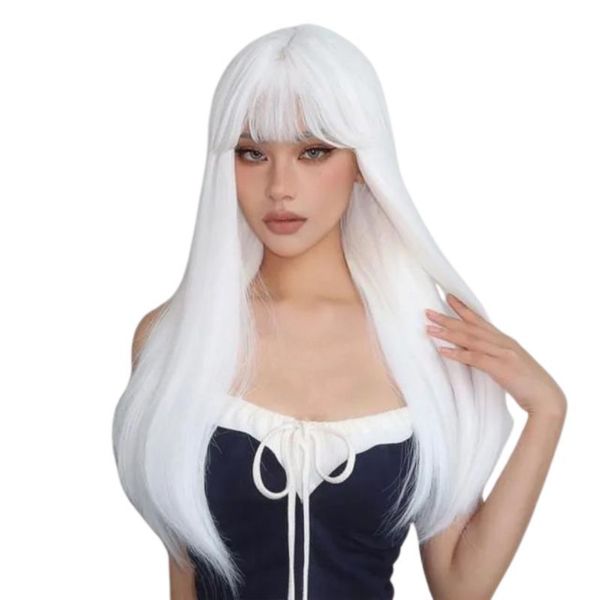 Pure White Long Straight Wig with Fringe Anime Cos Headdress