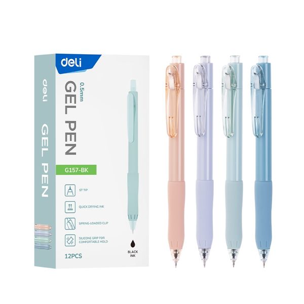 Deli Retractable Gel Pen ST Tip 0.5mm Pastel Color Barel Black Ink - 12 pcs