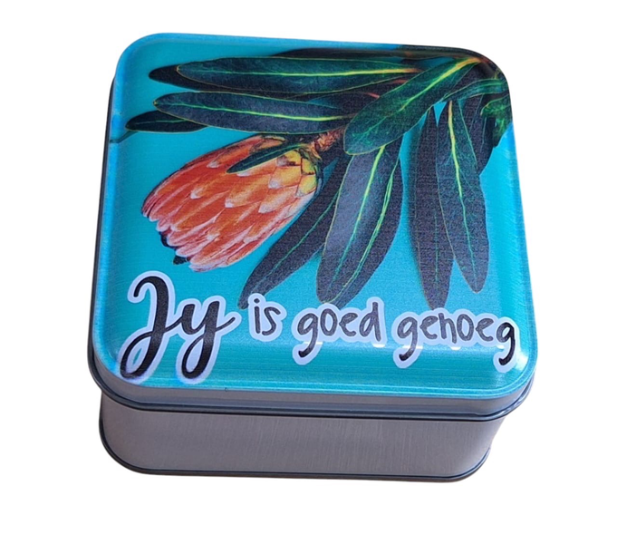 Small Custom Storage Tin 10 x 10 cm - Jy is Goed Genoeg with Protea