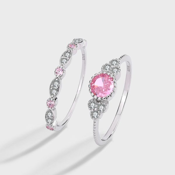 Pink Blush Duo Silver Ring Stacking Set