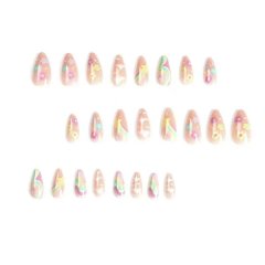 Short Almond Fake Nails Rainbow Stripes Press On Nails Glossy False Nails