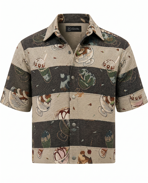 iGoda Mono Elite Jacquard Short Sleeve Relaxed Casual Shirt-Ice Cream