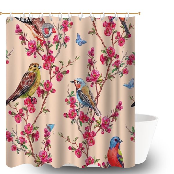 180x180cm Farmhouse Tropical Birds and Flowers Bath Curtain for Shower
