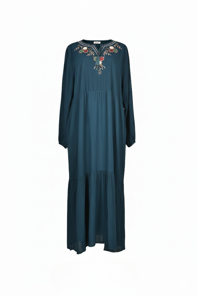 Deep Blue Tassel Flowy Long Sleeve Cotton Modest Maxi Dress With Embroidery