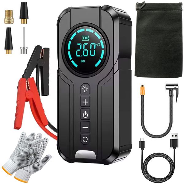Emergency Car 4 In 1 Booster, Tire Inflator Power Bank, Flashlight &amp; Gloves