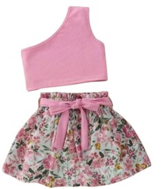 Girl Rib-Knit One Shoulder Top &amp; Floral Print Belted Skirt