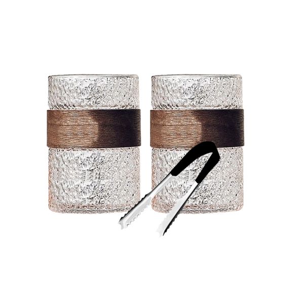 310ml - Embossed Hammered Texture Glass Cup with Wooden Handle