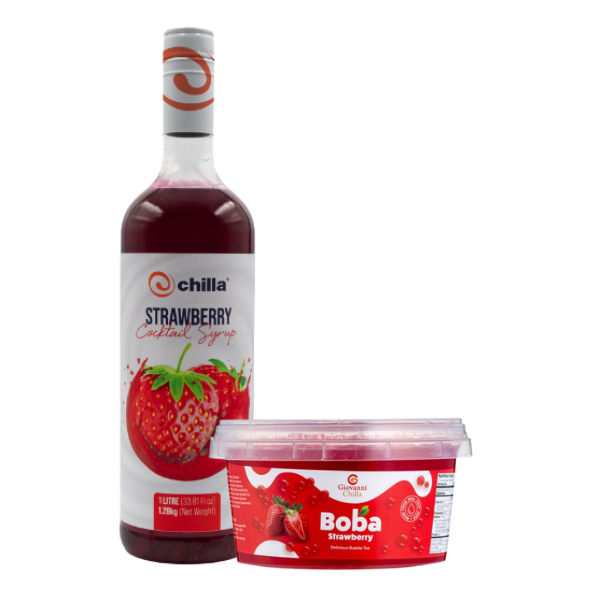 Chilla Strawberry Cocktail Syrup 1L + Popping Boba Bubble Tea Combo Pack