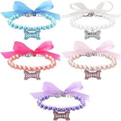5-Piece Pet Pearls Collar Bling Accessories Ribbon Bow Cat Jewelry 7.9+2