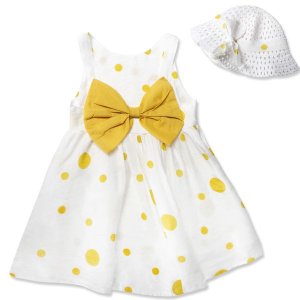 Yellow Polka Dot Bow Dress With Sunhat - 6 to 12 Months