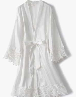 Women Lace Trim Robe Short Kimono Gown Silky Bathrobe for Bride Bridesmaid