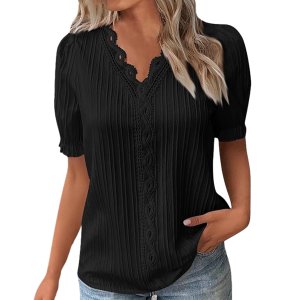 Blouse Shirt Top Bubble Sleeve V Neck Plain Lace