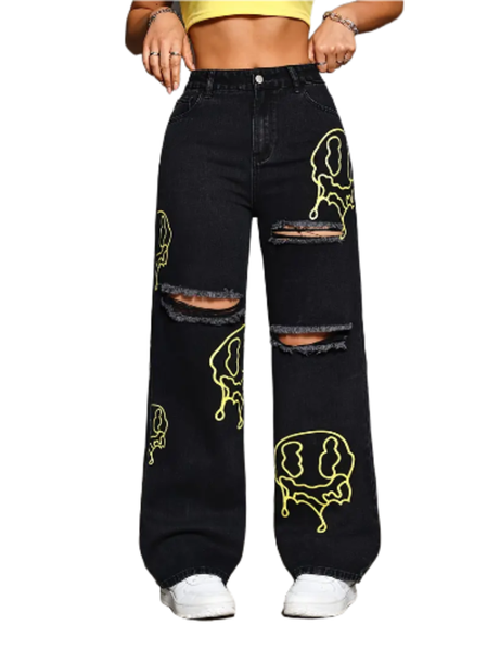 Street Style High-Waisted Denim Jeans, Loose Fit Solid Color Block