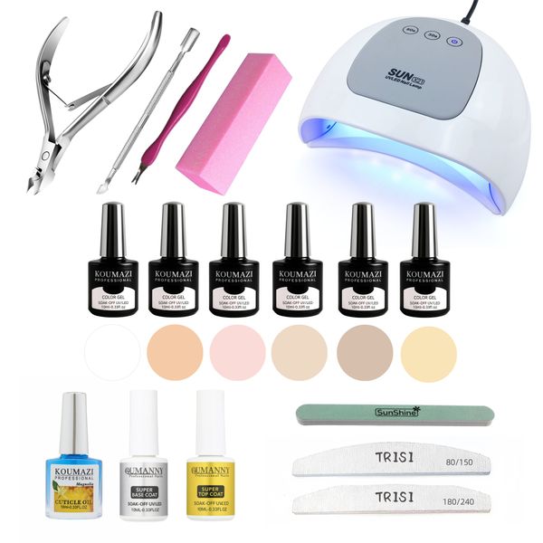 Koumazi UV Gel Polish Nail Kit - 48W Lamp, 6 Colors &amp; Tools