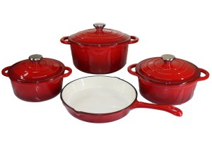 Red Authentic 7 Pieces Cast Iron Cookware Pot Red Set