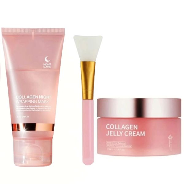 Collagen Night Care Set - Wrapping Mask, Jelly Cream &amp; Silicone brush