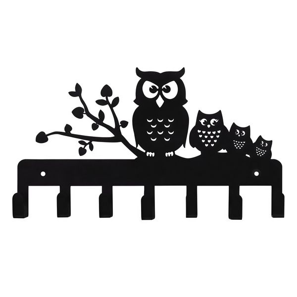Owl Family Metal Key Holder 7 Hooks Wall Mount W/ Screws For Entryway Home