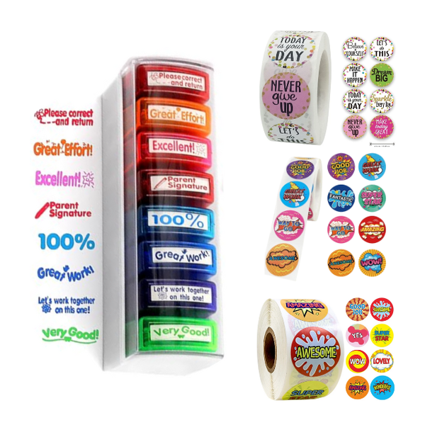 4PK Combo School Teacher Reward Encourage 3 Rolls(1500) Stickers &amp; 8 Stamp