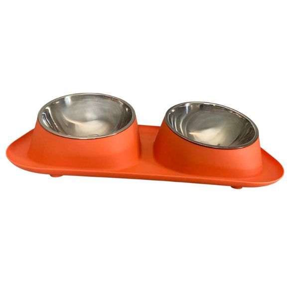 Double Stainless Steel Pet Feeding Bowl with Non-Slip Plastic Base - Orange