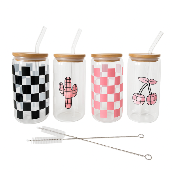Nordic Glass Set with Bamboo Lids and Straws - 420ml - 4 Piece