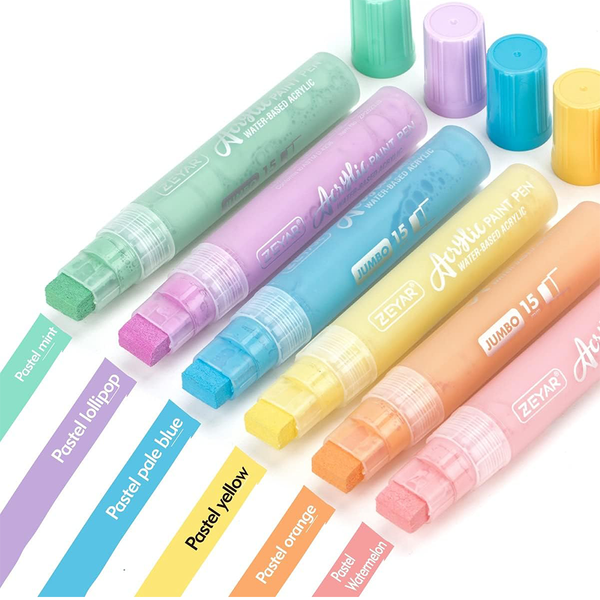 ZEYAR - 15mm Jumbo Acrylic Paint Markers, 6 Pastel Colours, Water-Based