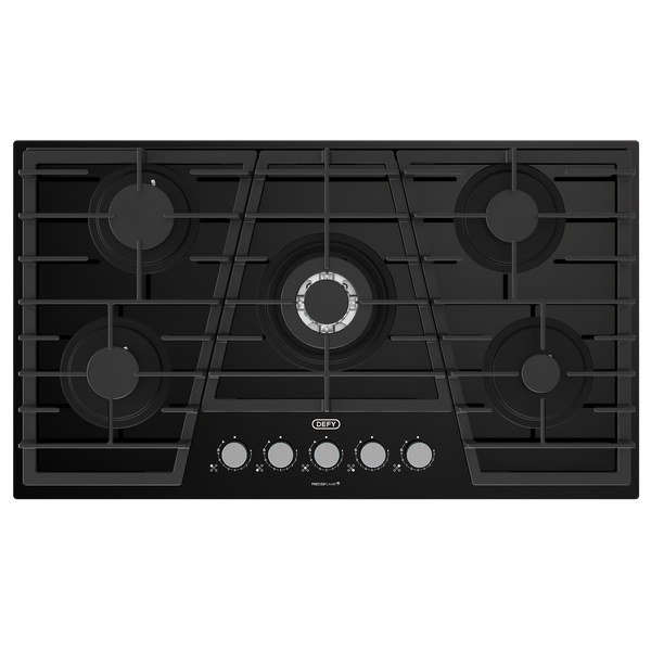 Defy 90cm Gemini black glass Gas Hob w/ Fullcast Iron Pan Support DHG931