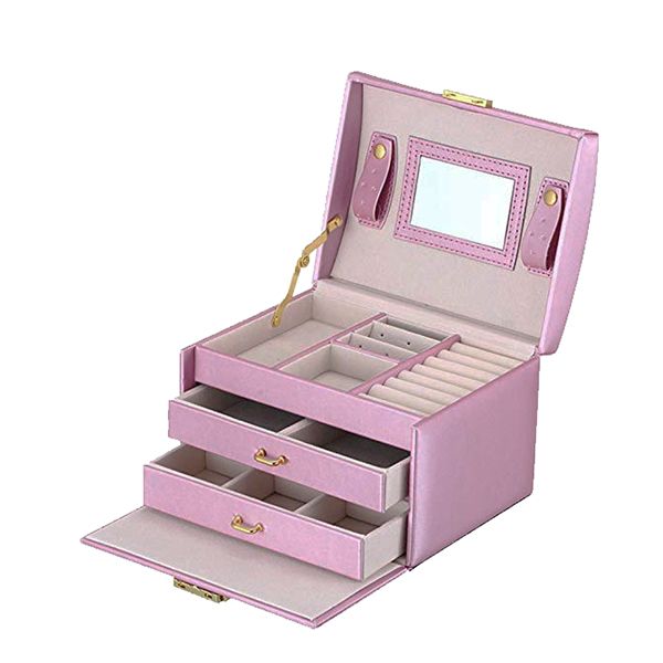 Tri-Layer PU Jewelry Box with Lock &amp; Mirror - Purple