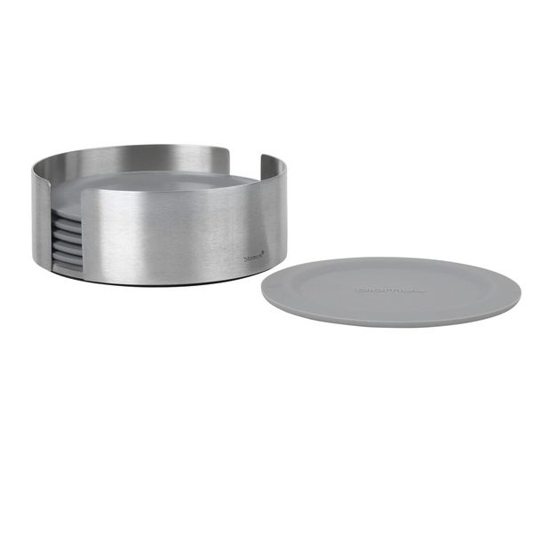 Blomus Coaster Set Round in Grey Silicone with Holder LARETO 6 Pieces