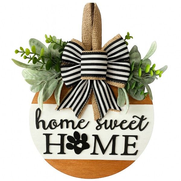 Home Sweet Home Round Hanging Sign with Striped Bow - Multi-Colour