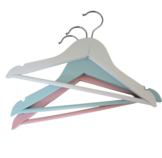 Selphies Kiddies Multicolour Wooden Hanger - Pink, Blue and White - 3 pack