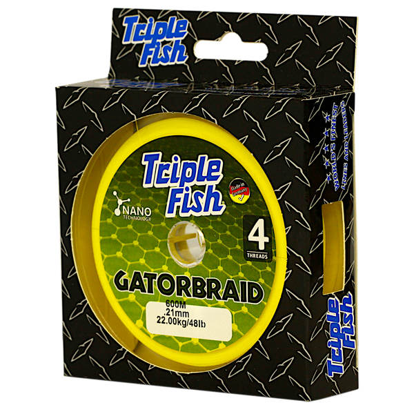 Triple Fish GATOR BRAID X4 Braided Fishing Line 22KG/48LB .21MM, Colour Yellow, 600M Spool