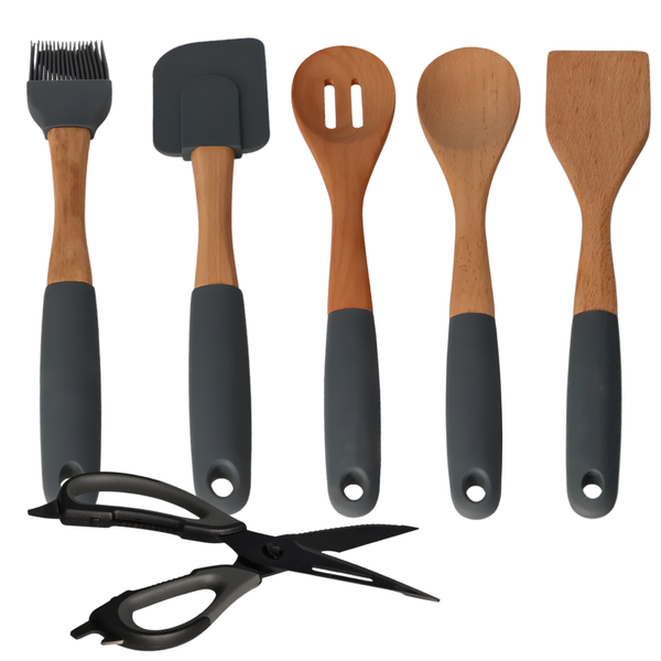 6-Piece Wooden Kitchen Utensil Set with Silicone Handles &amp; Kitchen Scissors